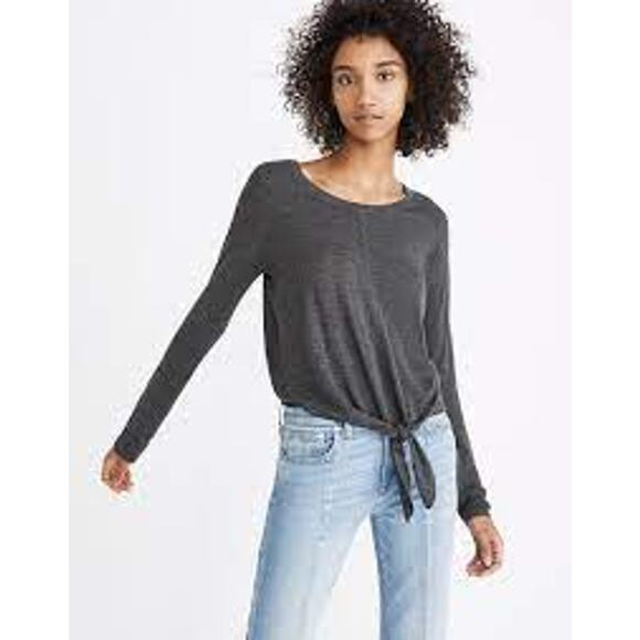 Madewell 2XL Heather Gray Modern Tie Front Sweater Lightweight Pullover Scoop - Picture 9 of 11